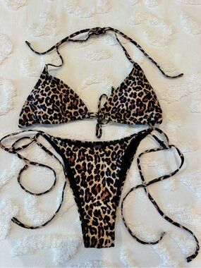 Leopard Print Triangle String Bikini - Brown & Black